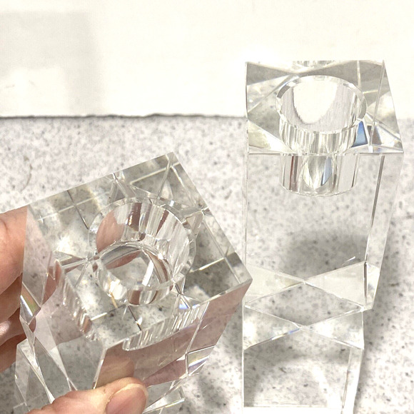 Vintage 1980s Oleg Cassini Lexington Crystal Candlestick Holders Clear Geometric - Picture 10 of 11